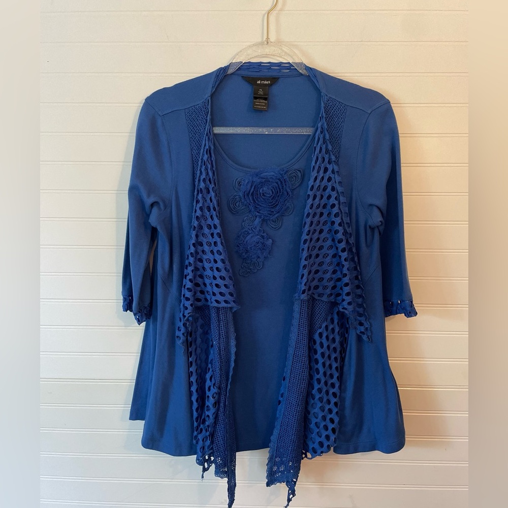 Ali Miles Floral Appliqué Blue Layered Cardigan Styled Blouse Size Small Petite